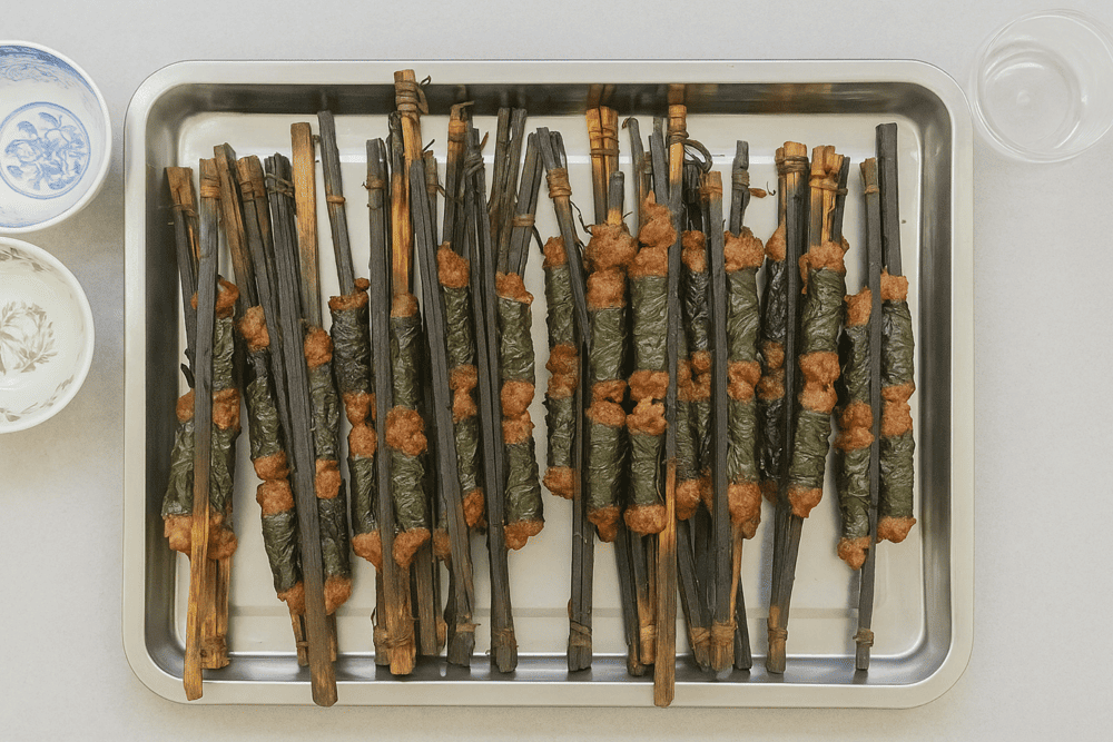 The defining feature of Bun Cha Que Tre Binh Chung is its unique use of fresh bamboo skewers